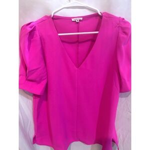 JODIFL Hot Pink V Neck Puff Sleeve Top Blouse Women's Size Small